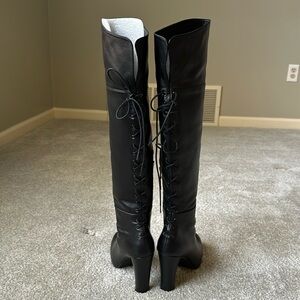 Stuart Weitzman Back Lace Knee-High Boots in Black Leather 7M
